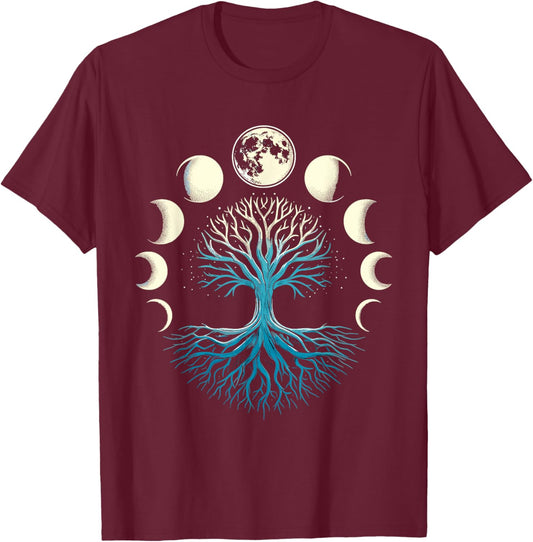 Spiritual Tree Moon Phases Yoga T-Shirt - T-Shirt | Maroon