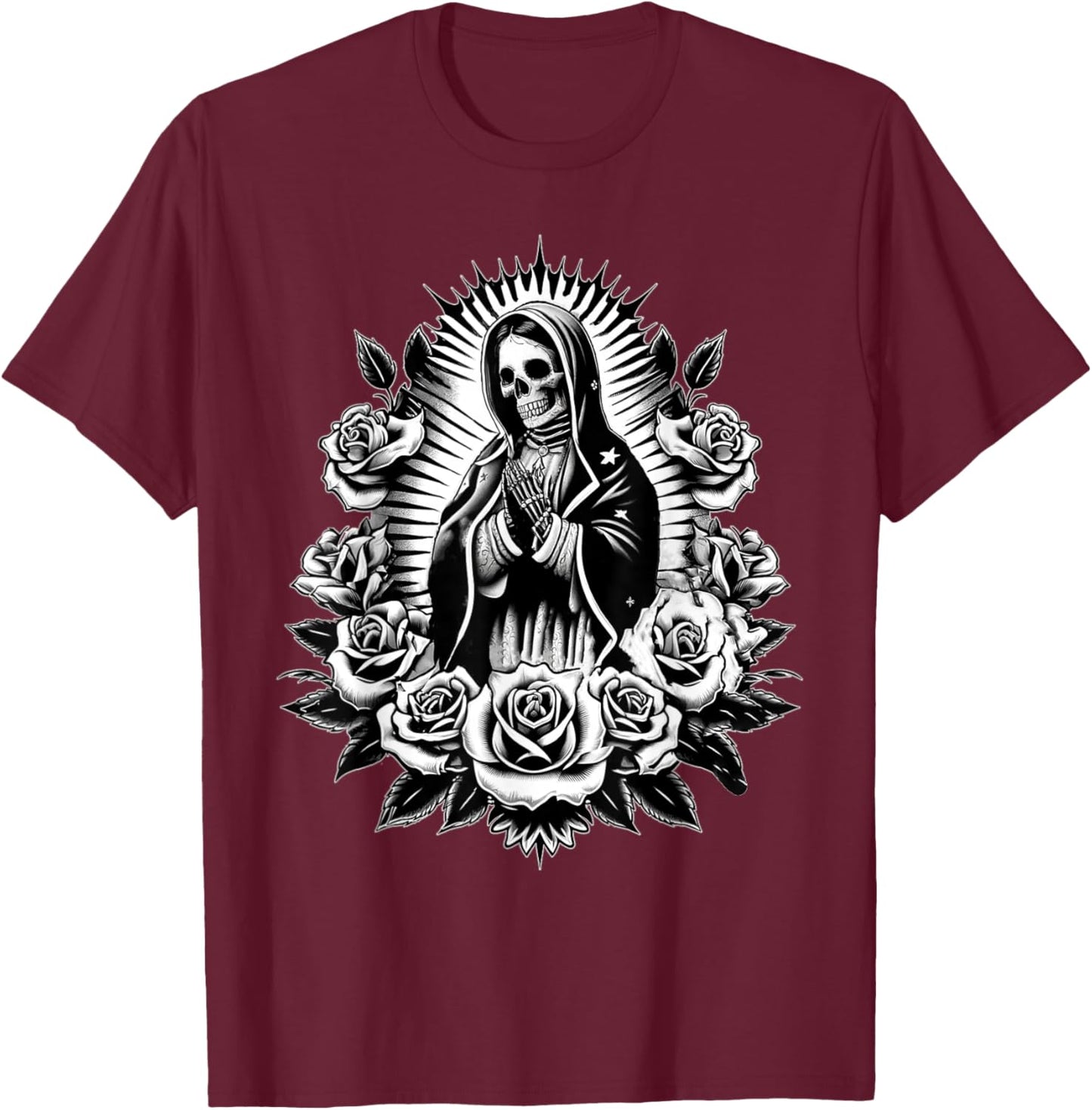 Santa Muerte Mexican Floral Saint Death T-Shirt - T-Shirt | Maroon