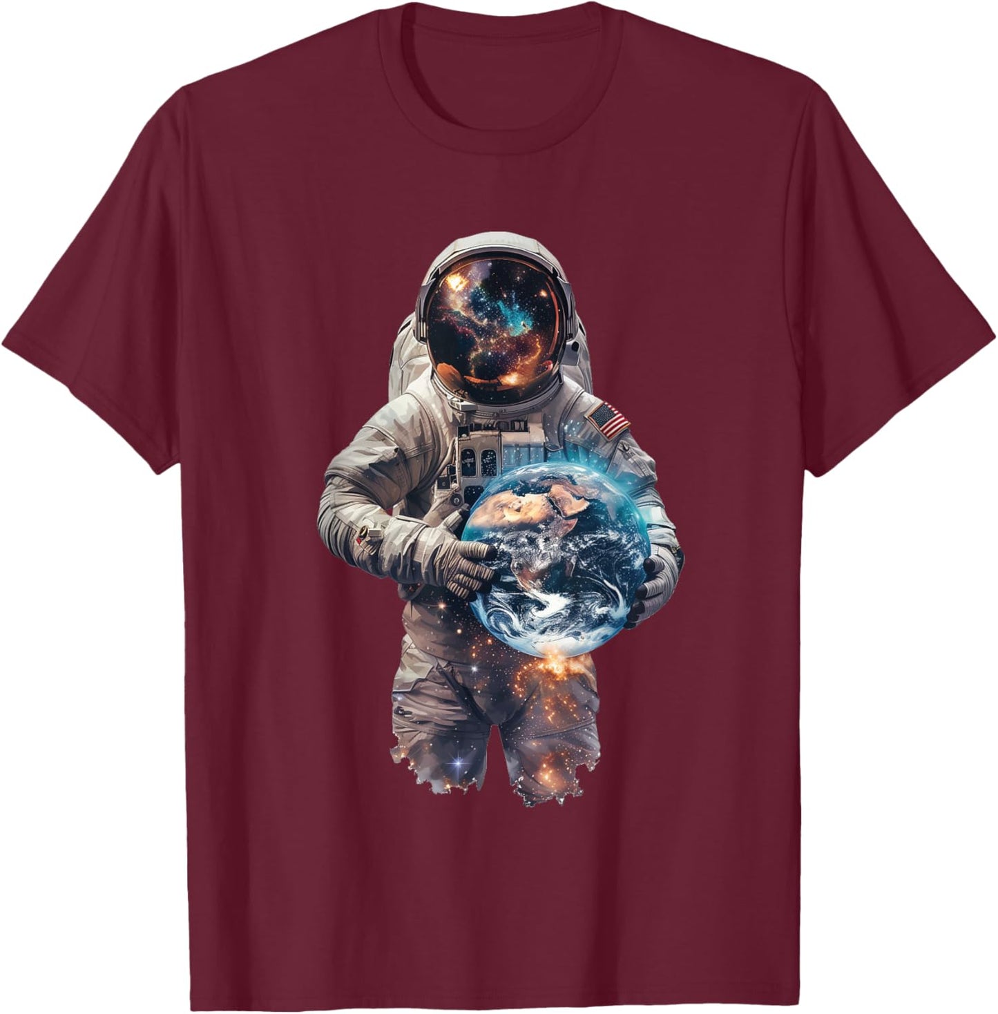 Astronaut Holds Earth in Space T-Shirt - T-Shirt | Maroon