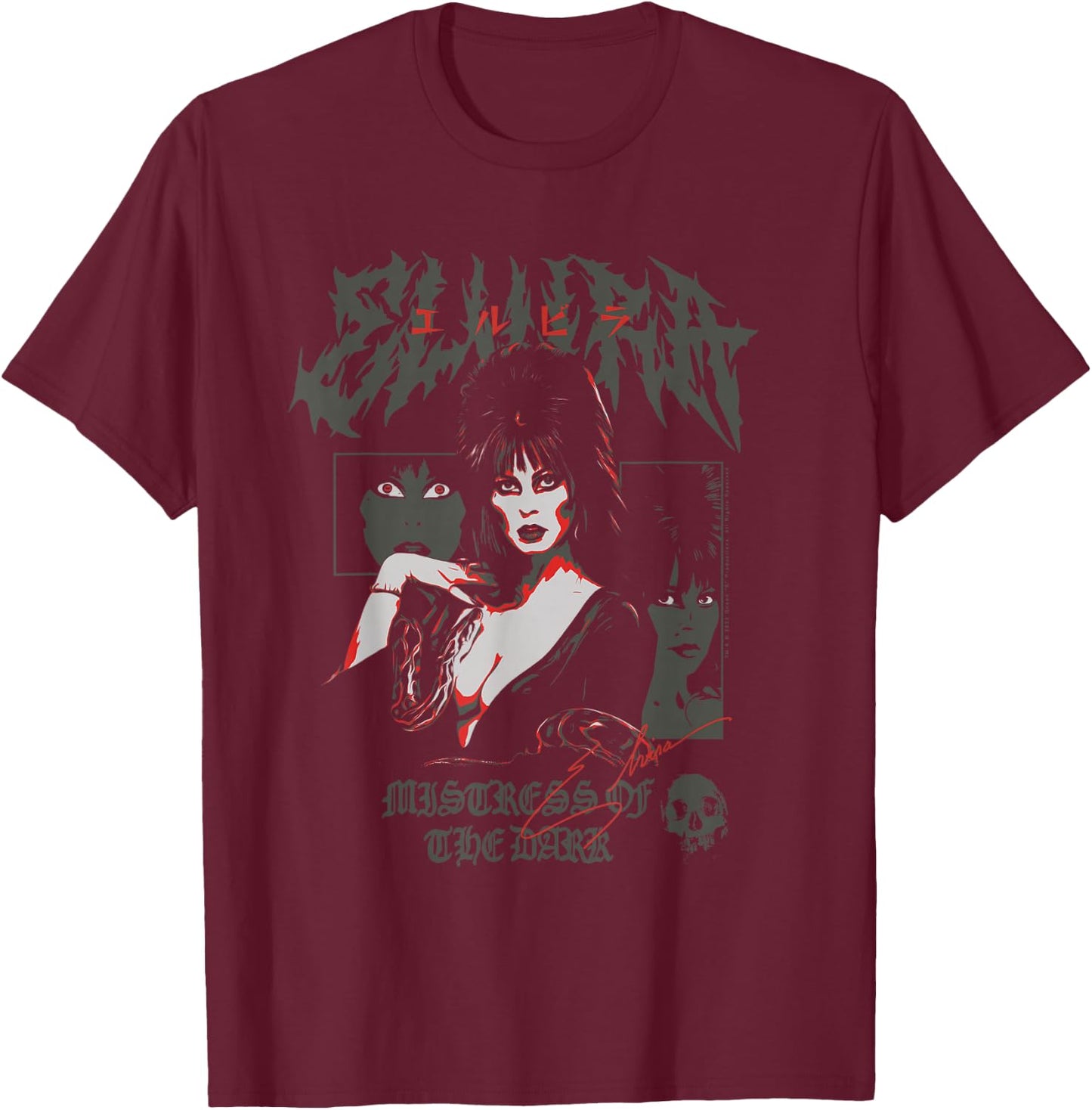 Elvira, Mistress of the Dark Collage Poster Horror TV Host T-Shirt - T-Shirt | Maroon