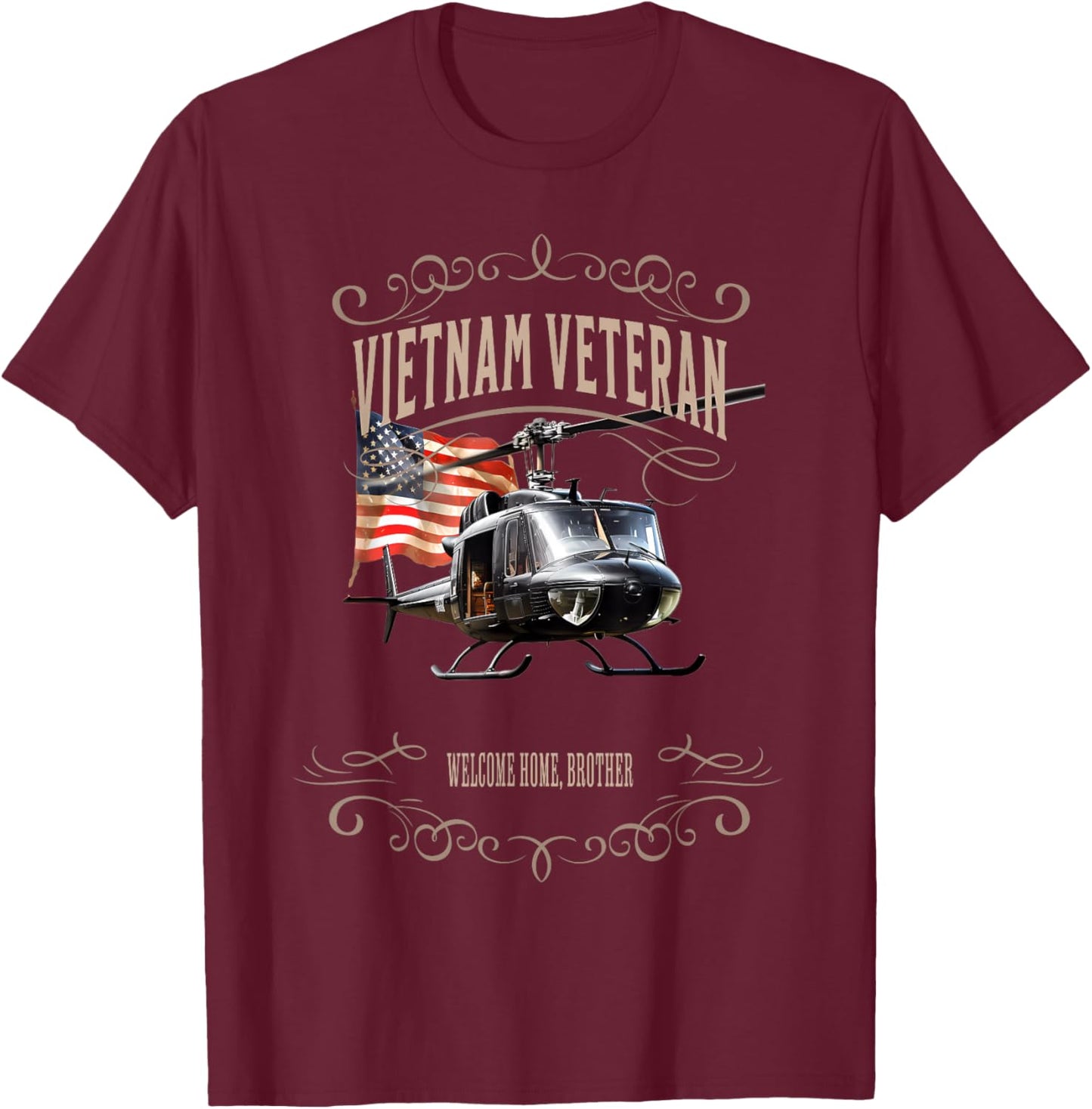 Vietnam Veteran Helicopter American Flag T-Shirt - T-Shirt | Maroon