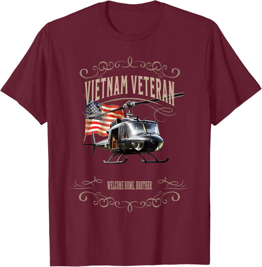 Vietnam Veteran Helicopter American Flag T-Shirt - T-Shirt | Maroon