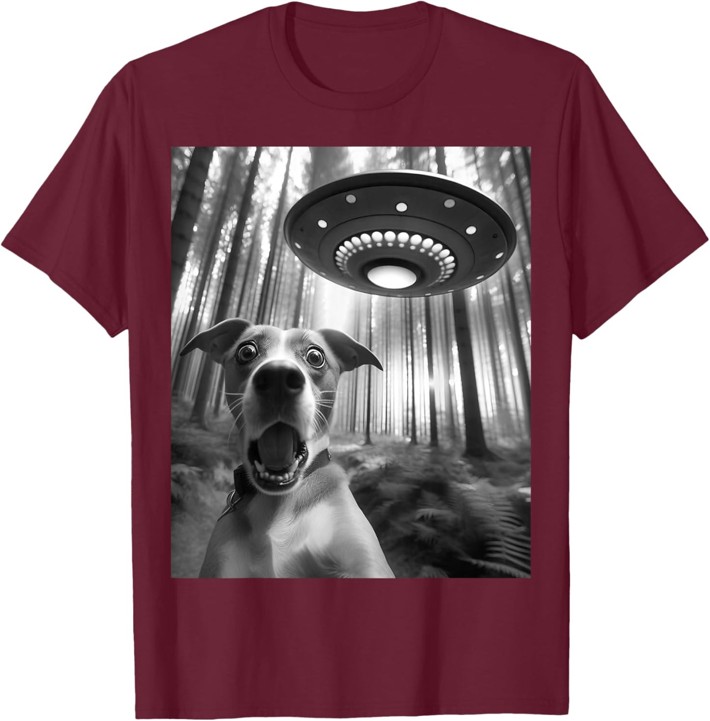 Dog Selfie With Alien UFO Meme Funny Dog Lover Spaceship T-Shirt - T-Shirt | Maroon