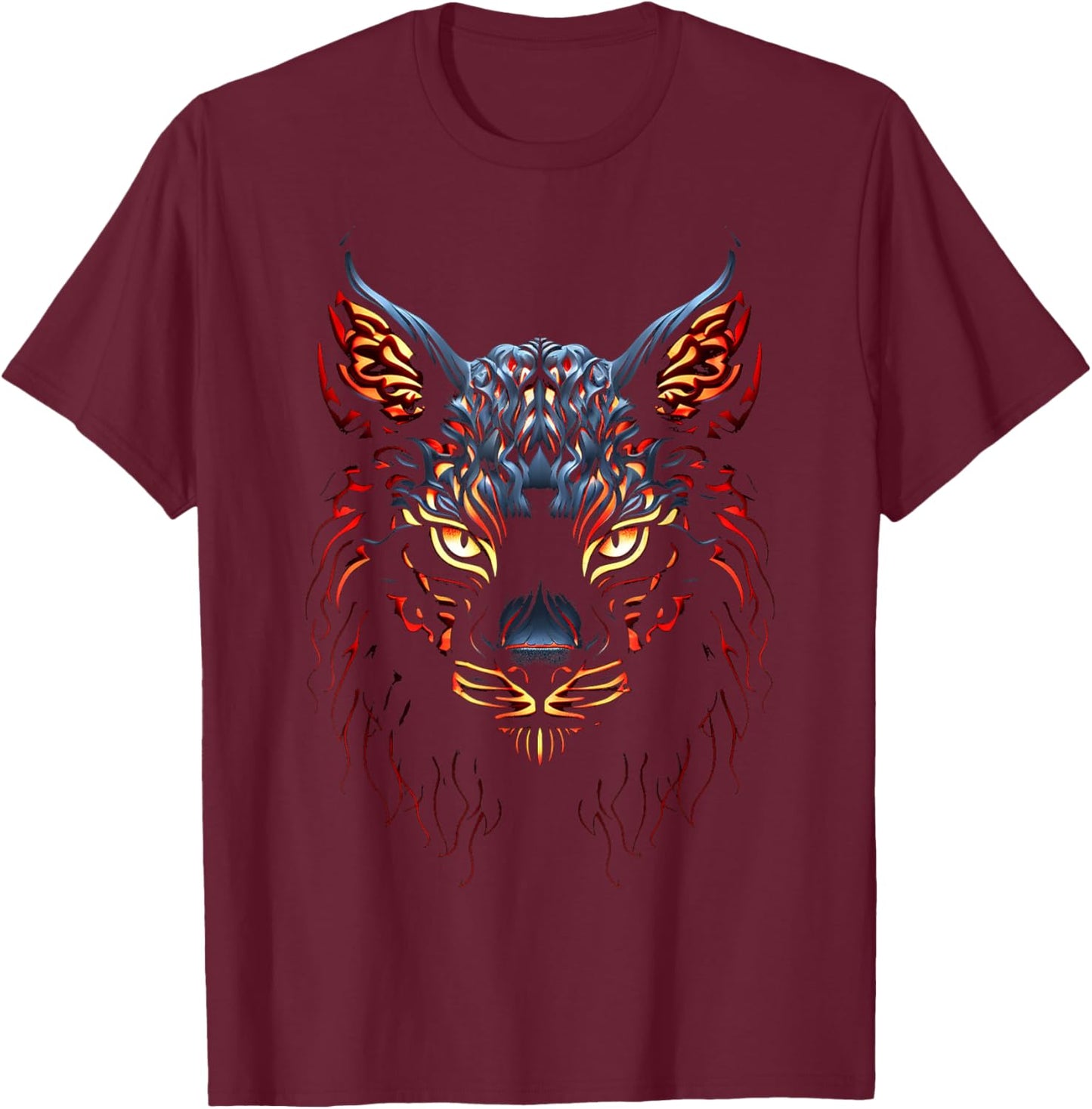 Lynx Portrait Flame Animal Art Graphic Motif Lynx T-Shirt - T-Shirt | Maroon