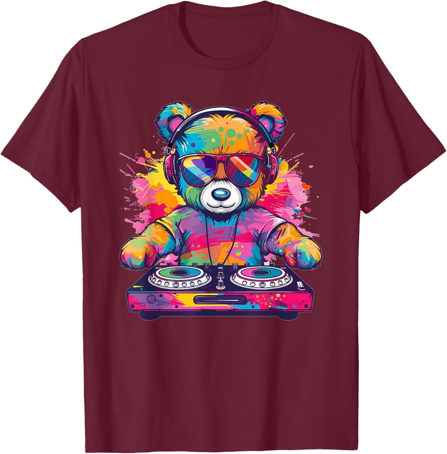 Cartoon Teddy DJ T-Shirt - T-Shirt | Maroon
