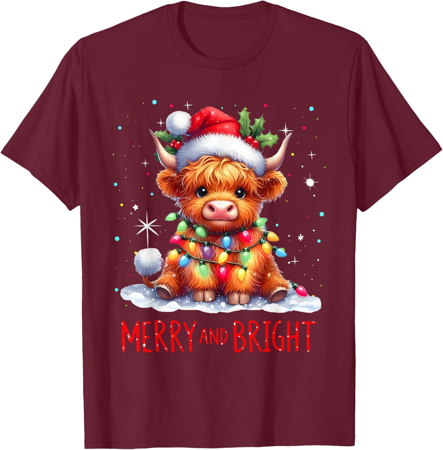Cute Highland Baby Cow Christmas Lights Merry & Bright Xmas T-Shirt - T-Shirt | Maroon