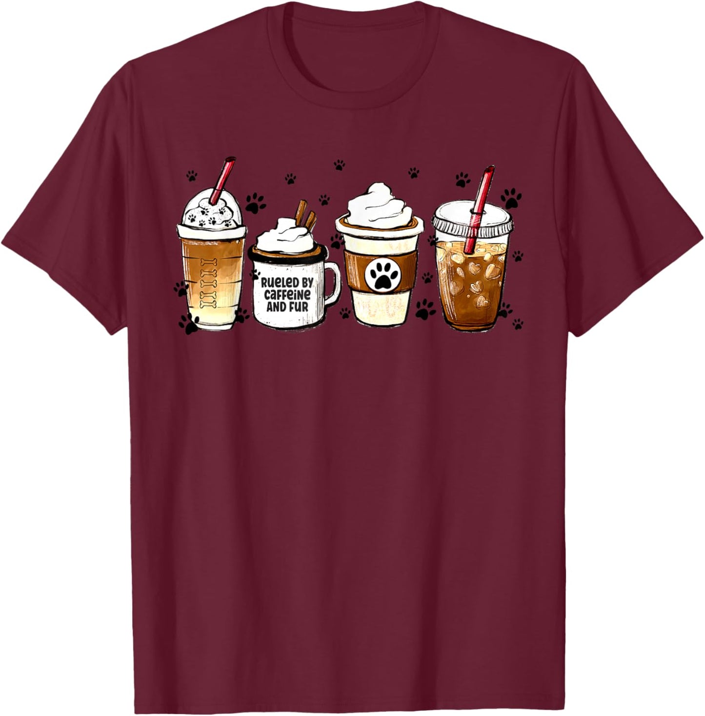 Fueled By Caffeine & Fur Coffee Lover Veterinarian Vet Tech T-Shirt - T-Shirt | Maroon