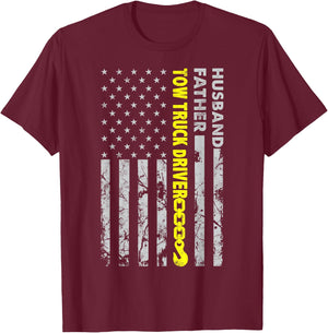 Husband Father Tow Truck Driver American flag Towing Dad T-Shirt - T-Shirt | Maroon