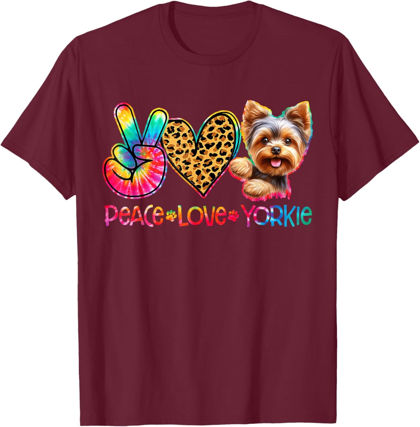 Peace Love Yorkie Tie Dye Dog Lover T-Shirt - T-Shirt | Maroon