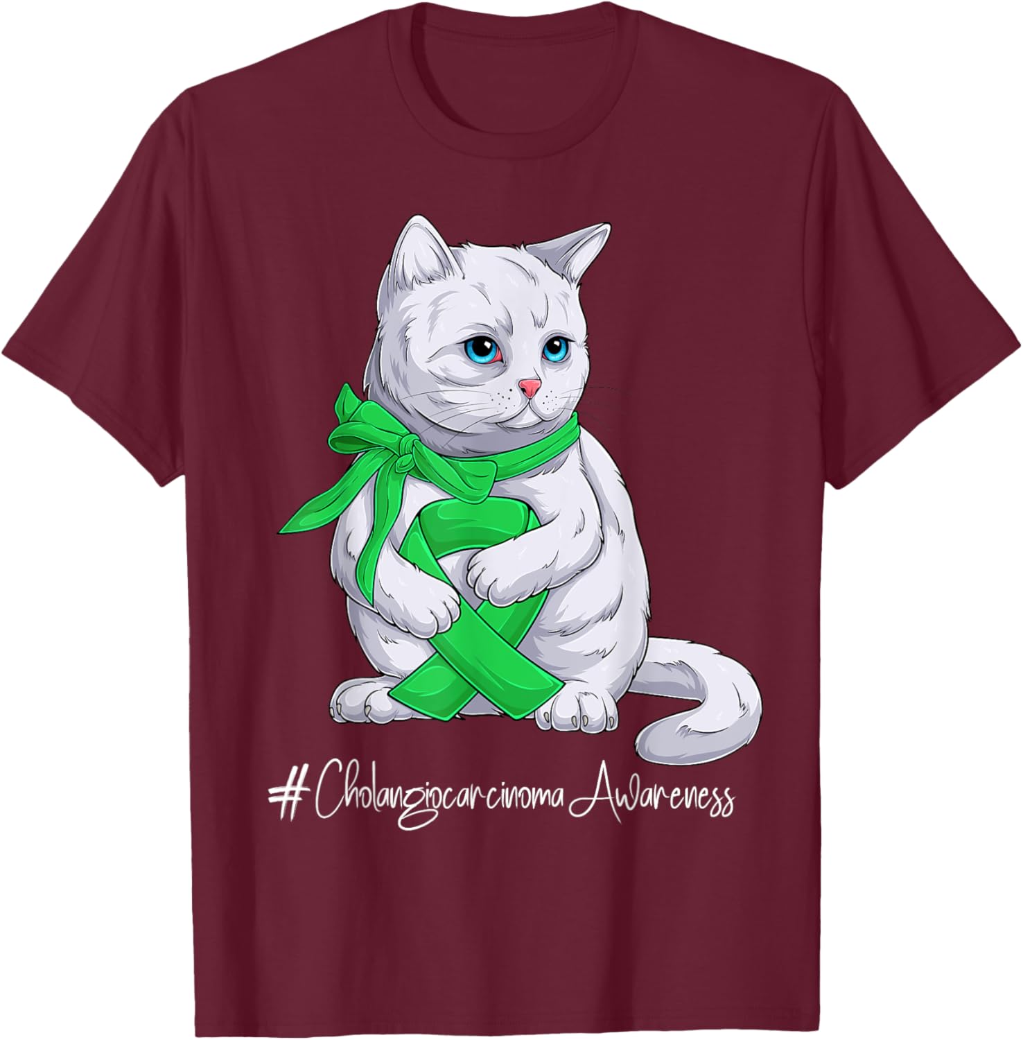 Cholangiocarcinoma Awareness Month Green Ribbon Cat T-Shirt - T-Shirt | Maroon