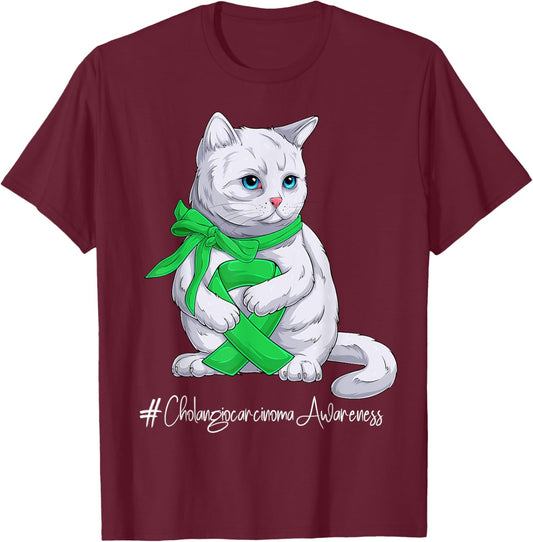 Cholangiocarcinoma Awareness Month Green Ribbon Cat T-Shirt - T-Shirt | Maroon