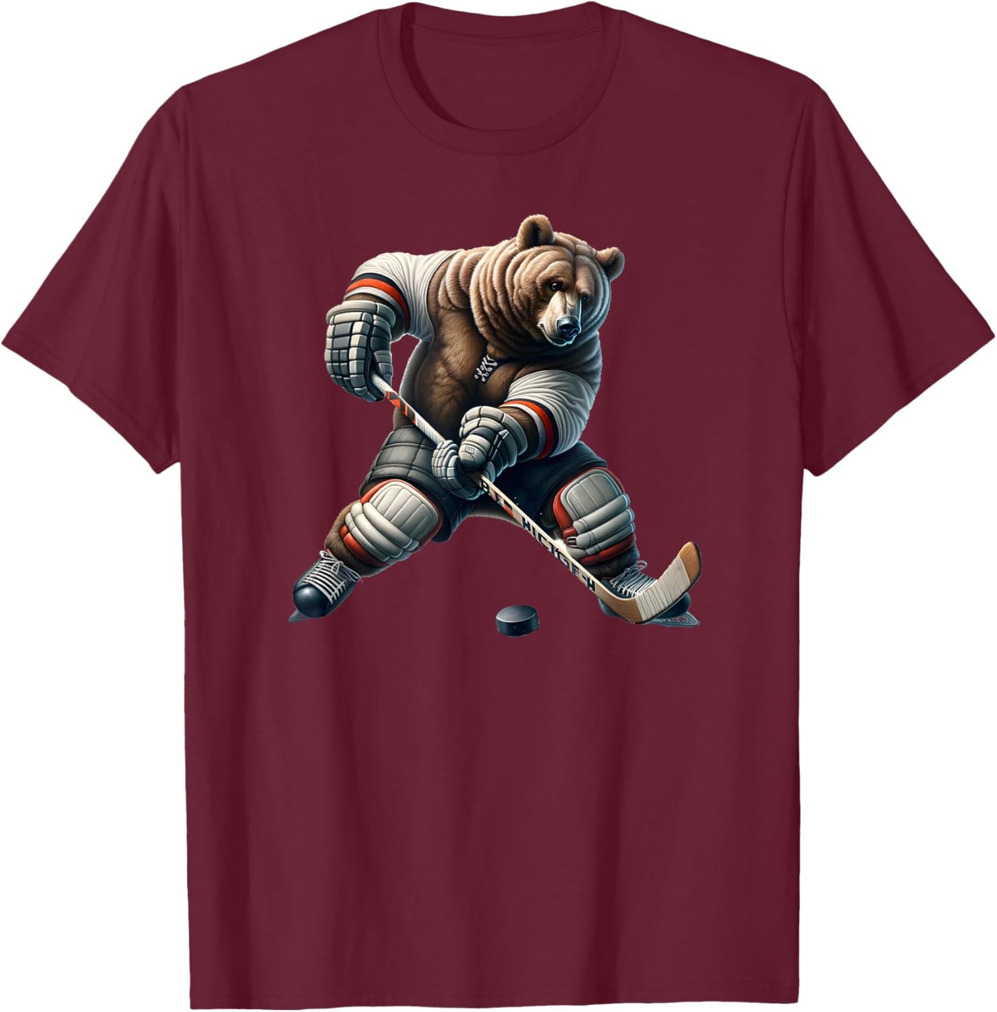 Cute Bear Playing Hockey For Bear And Hockey Lover T-Shirt - T-Shirt | Maroon