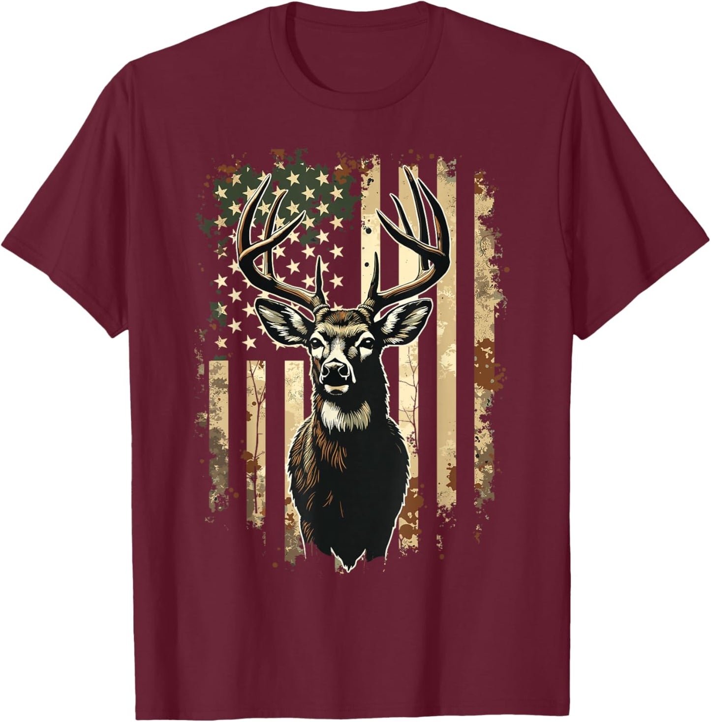 Deer Hunting American Flag Camo USA Hunter T-Shirt - T-Shirt | Maroon