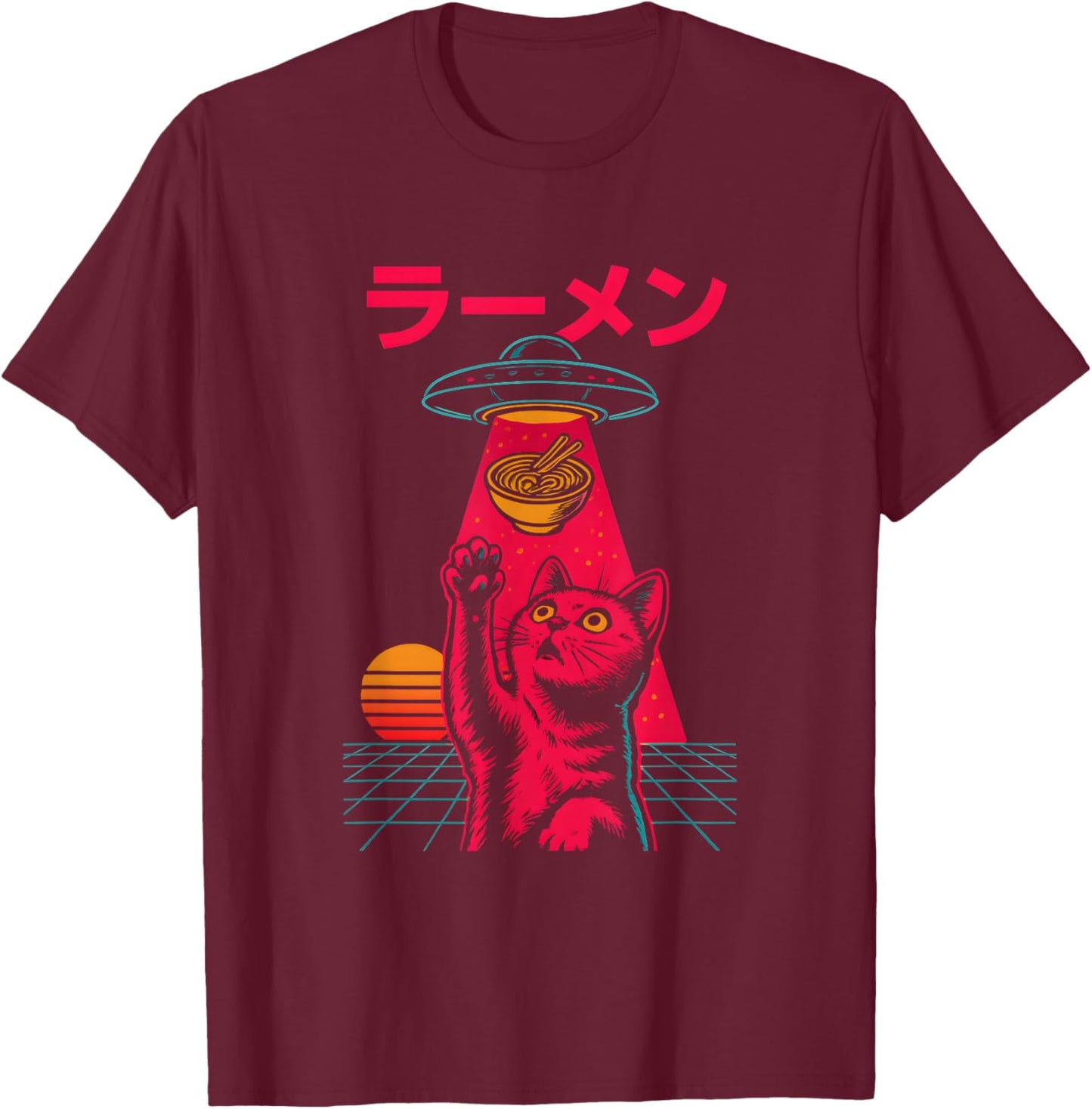 Cat Ramen Alien Abduction Vintage Japanese Retro UFO Graphic T-Shirt - T-Shirt | Maroon