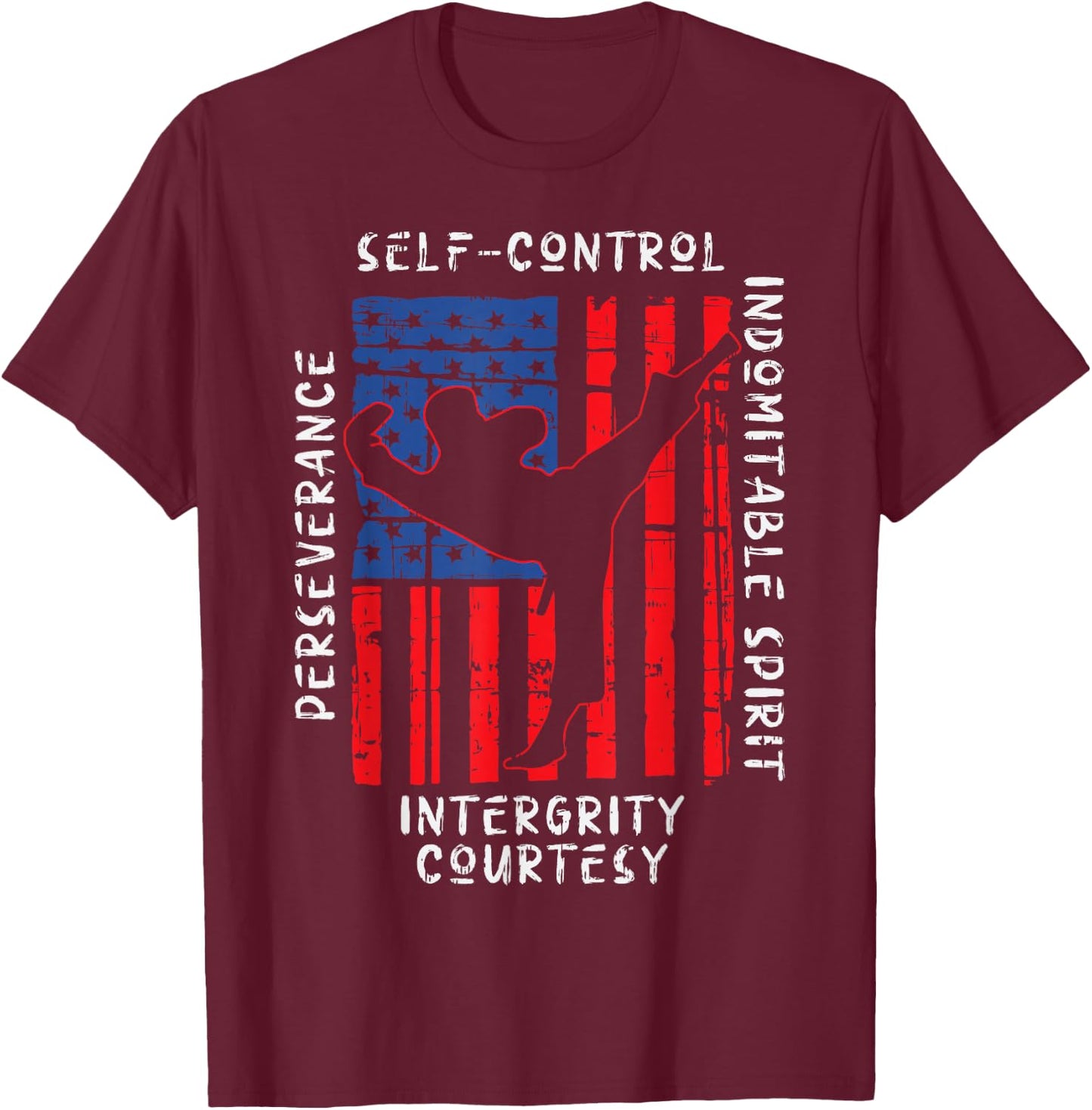 US Flag Taekwondo Five Tenets Vintage Martial Art Lover Gift T-Shirt - T-Shirt | Maroon