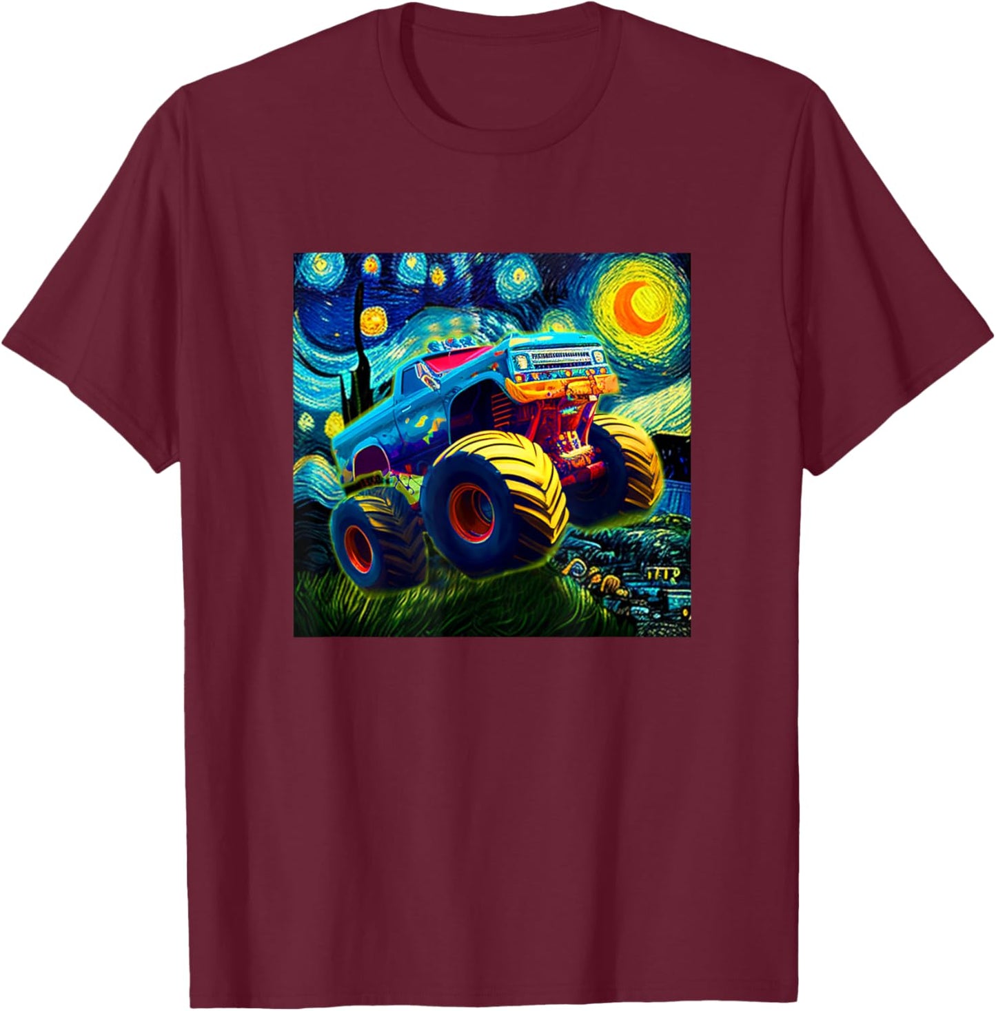 Cool Monster Truck Shirt Boy Men Adult Artistic Car Van Gogh T-Shirt - T-Shirt | Maroon