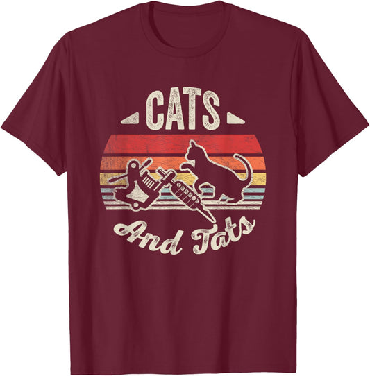 Vintage Cats And Tats Shirt Cat Tattoo Lover Cats & Tats Men Women T-Shirt - T-Shirt | Maroon