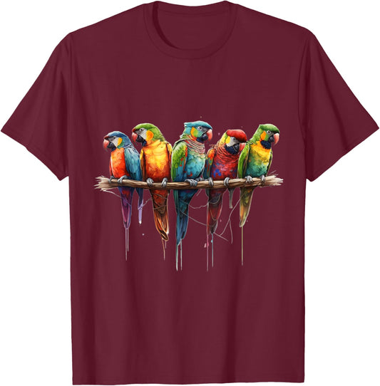 Parrots Watercolour Exotic Tropical Bird Nature Colourful T-Shirt - T-Shirt | Maroon