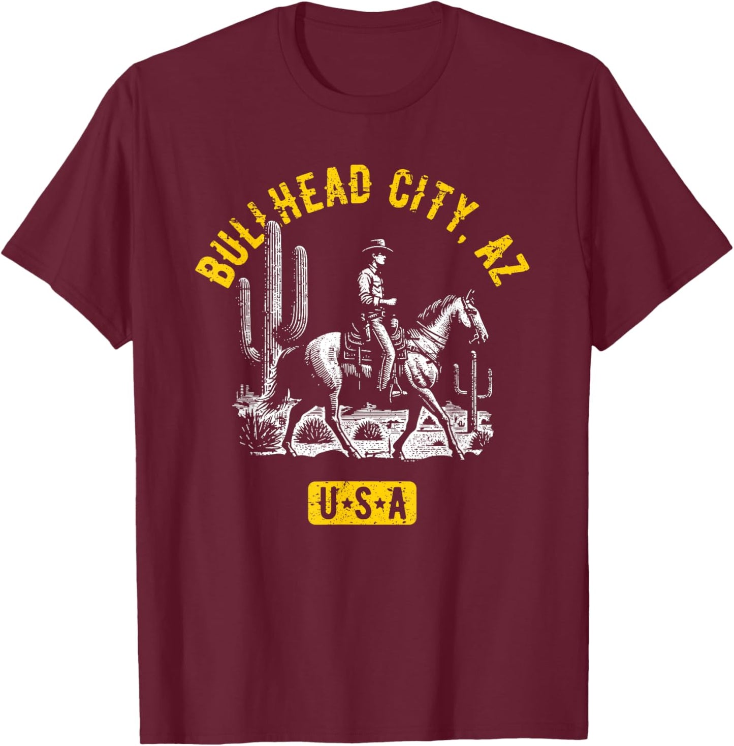 Bullhead City AZ USA Cowboy Horse Distressed Style Design T-Shirt - T-Shirt | Maroon