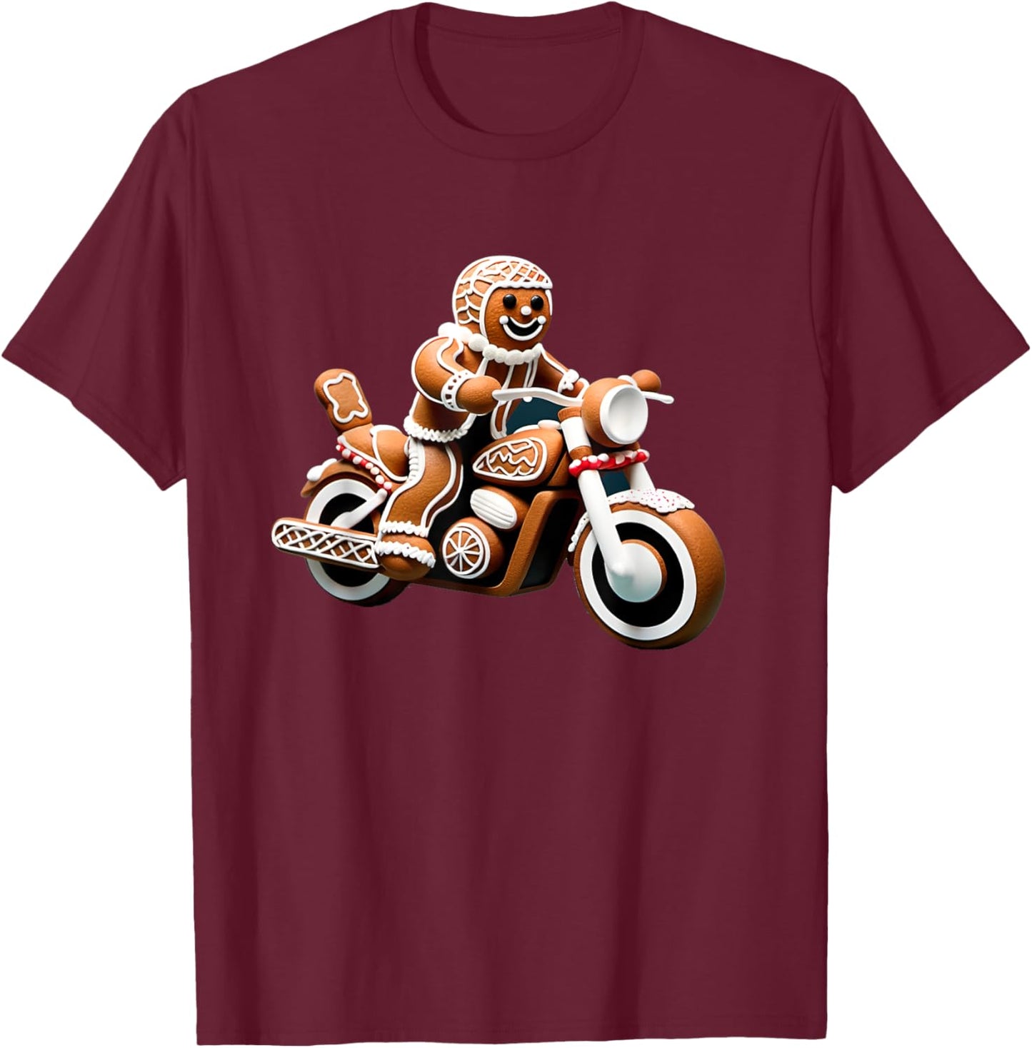 Gingerbread Man Biker Riding a Motorcycle on Christmas T-Shirt - T-Shirt | Maroon