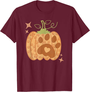 Pumpkin Dog Paw Print Autumn Cute Falling Men Women Kids T-Shirt - T-Shirt | Maroon