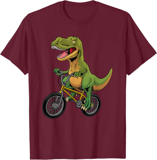 Cool BMX Boys Kids Bike Rider T Rex Dinosaur Bicycle T-Shirt - T-Shirt | Maroon