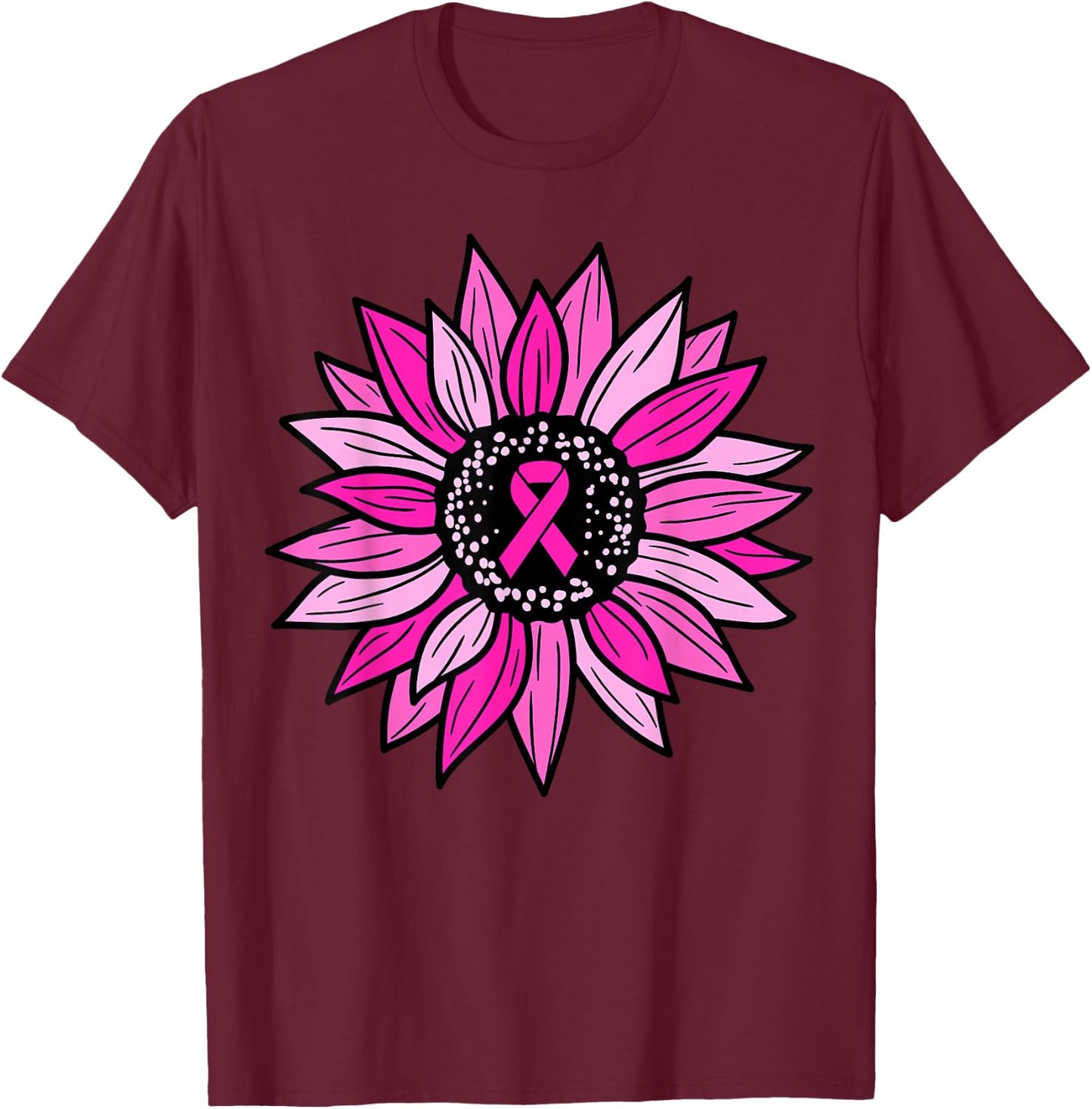 Pink Ribbon Sunflower Breast Cancer Awareness Women Kids T-Shirt - T-Shirt | Maroon