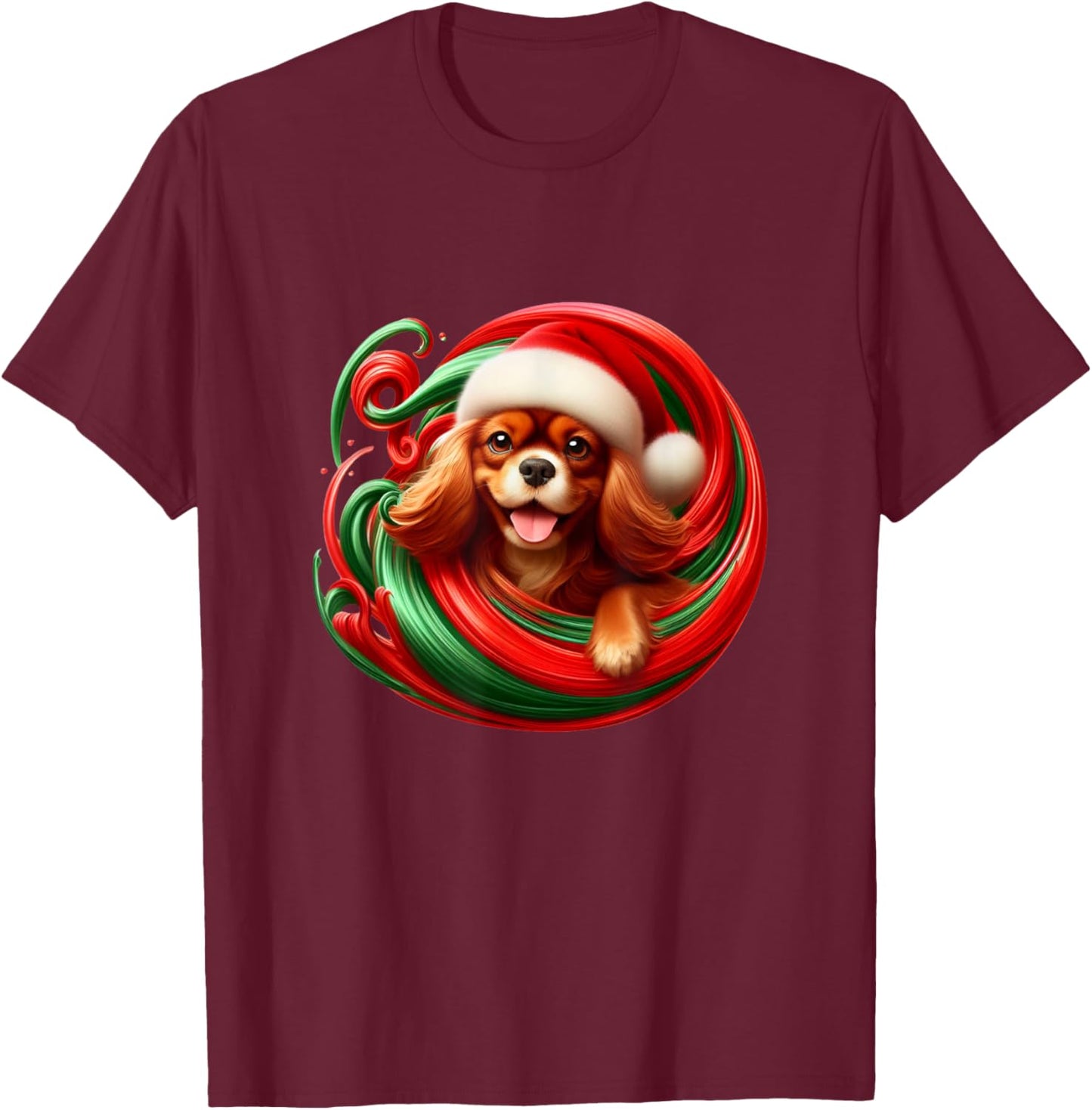 Cavalier King Charles Spaniel Dog Ruby Christmas Swirl T-Shirt - T-Shirt | Maroon