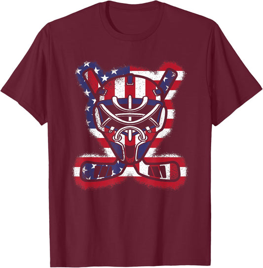 Vintage American Flag Ice Hockey Player Men Women Kids T-Shirt - T-Shirt | Maroon