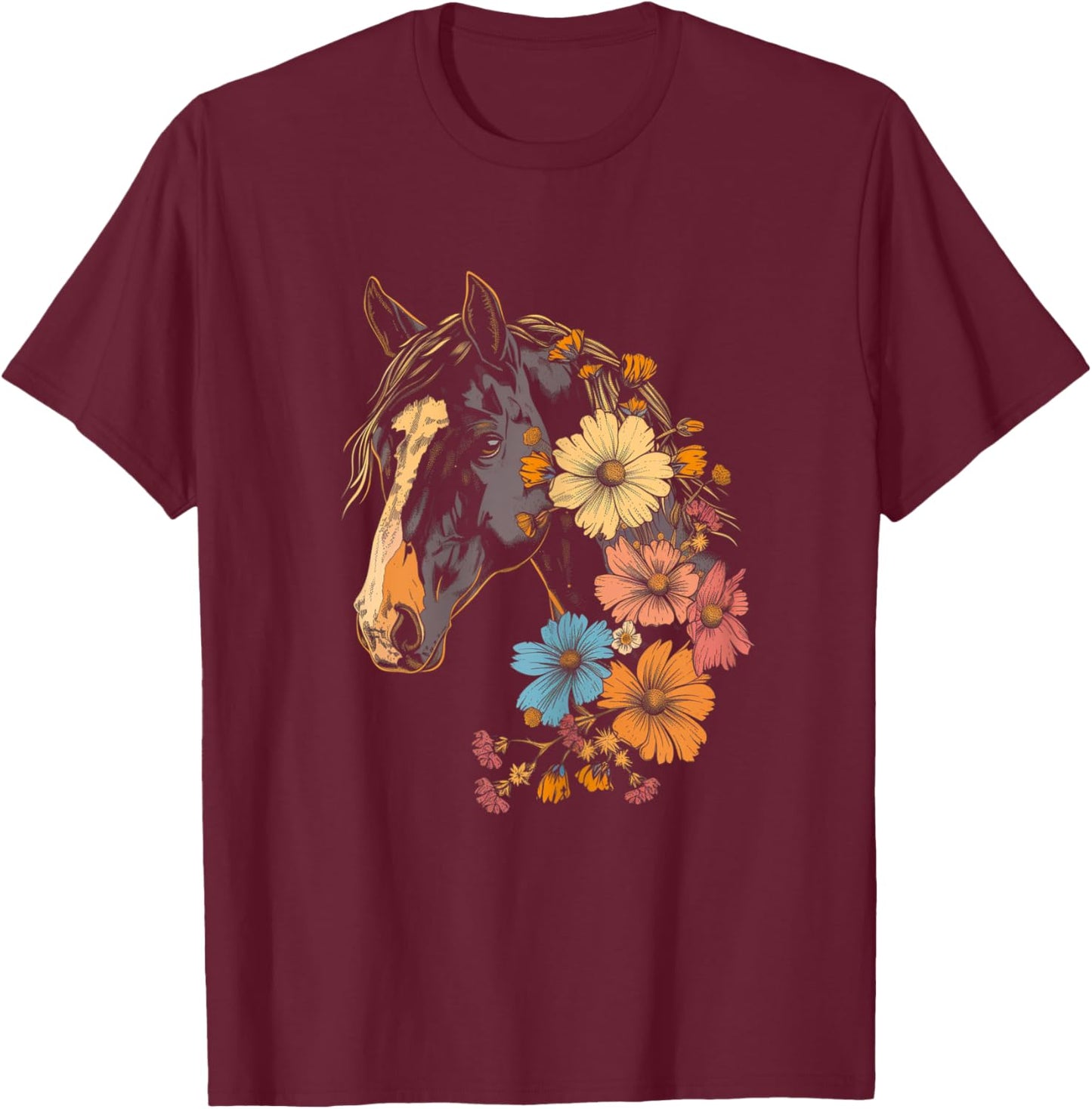 Horse Flowers Horseback Riding Cowgirl Equestrian Horse T-Shirt - T-Shirt | Maroon