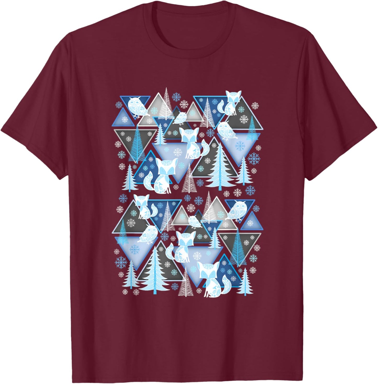 Cute Winter Season Scene Fox Pine Trees Owls Snowflakes T-Shirt - T-Shirt | Maroon