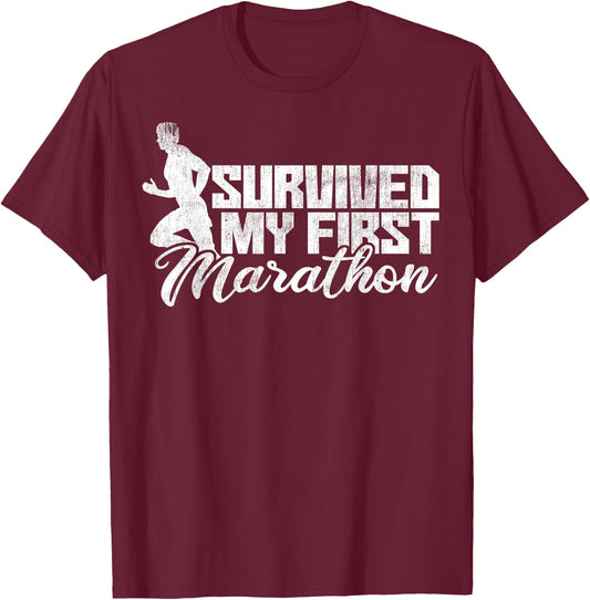 Funny Survived My First Marathon and Didn't Die Runners Gift T-Shirt - T-Shirt | Maroon