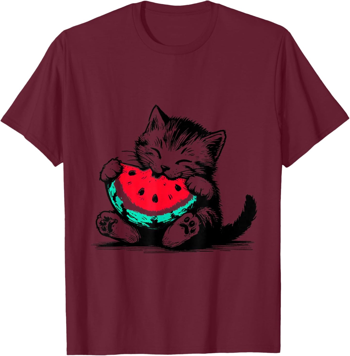 Cute And Adorable Cat Eating A Watermelon Birthday T-Shirt - T-Shirt | Maroon