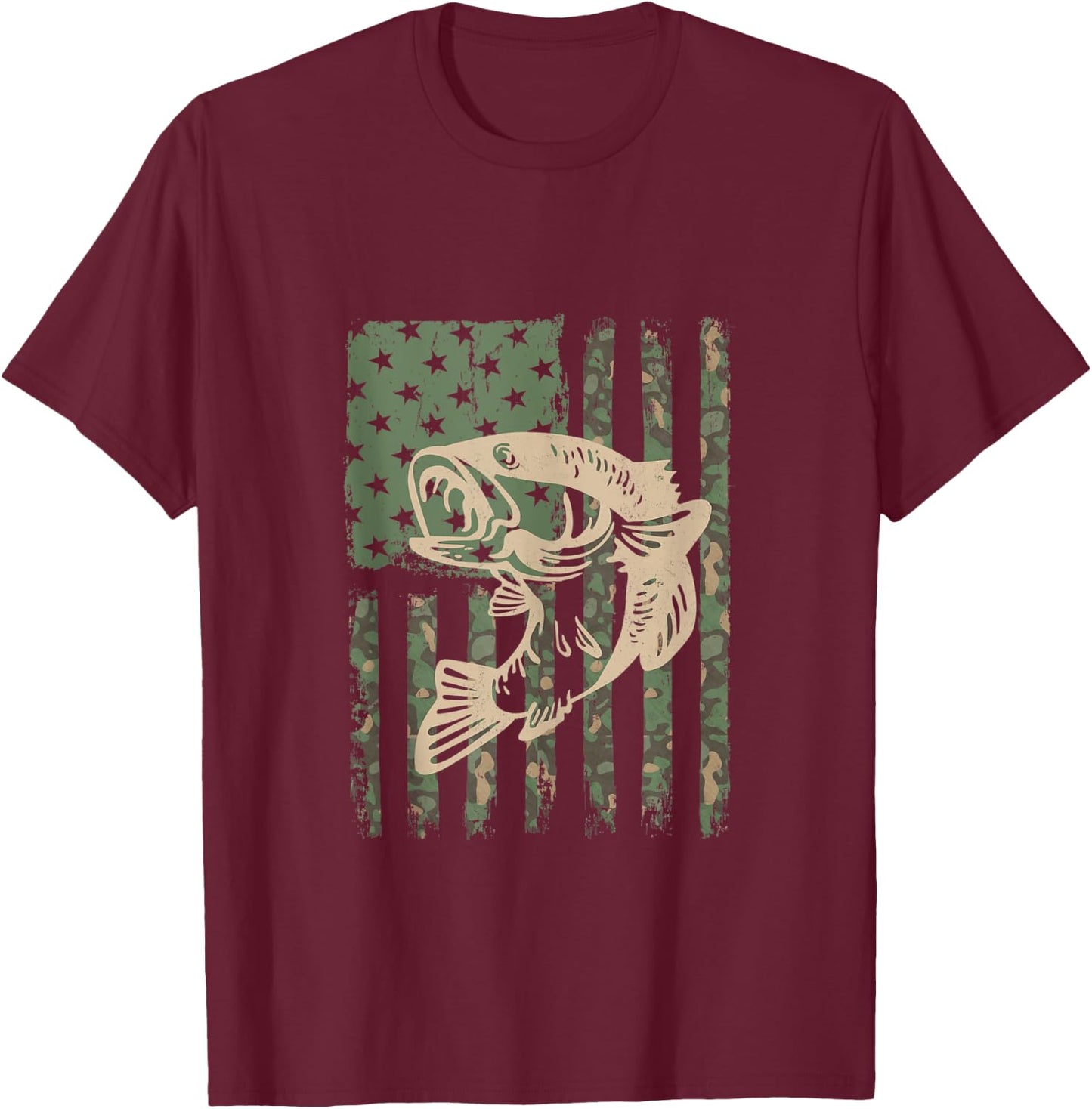 Camouflage USA Flag Big Mouth Bass Fishing T-Shirt - T-Shirt | Maroon