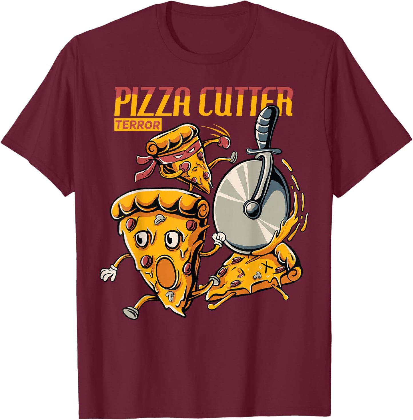 funny pizza slice chased by cutter wheel Gift lover food T-Shirt - T-Shirt | Maroon