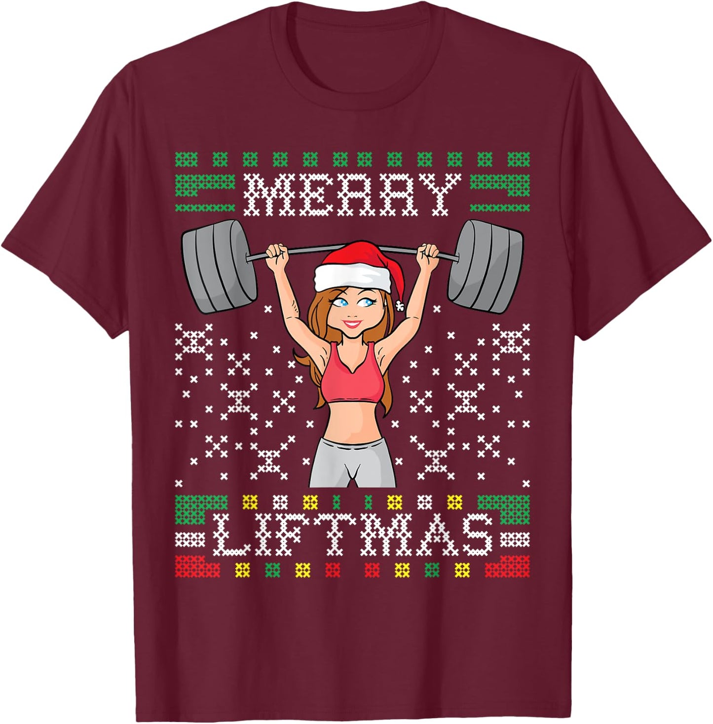 Merry Liftma's Ugly Christmas Sweater Miss Santa Gym Workout T-Shirt - T-Shirt | Maroon