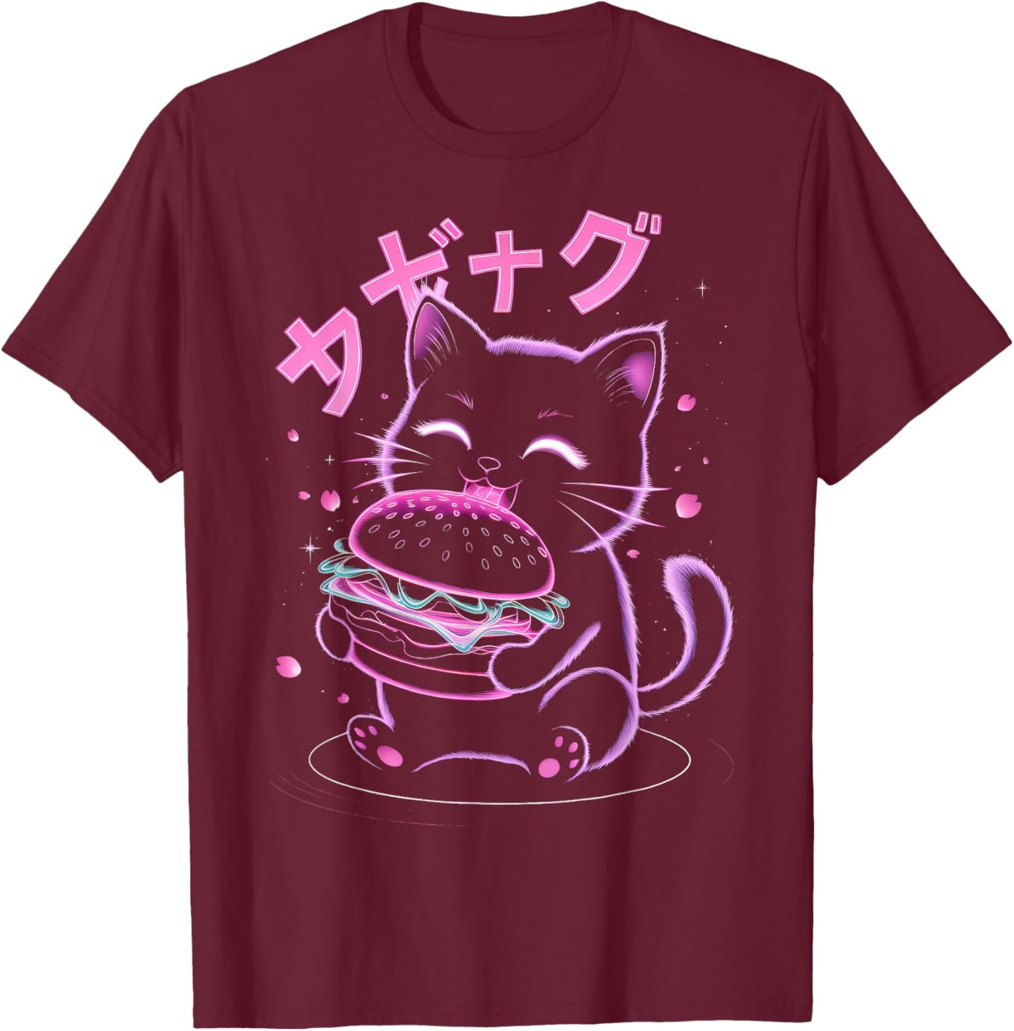 Japanese Cat Eating Burger T-Shirt - T-Shirt | Maroon