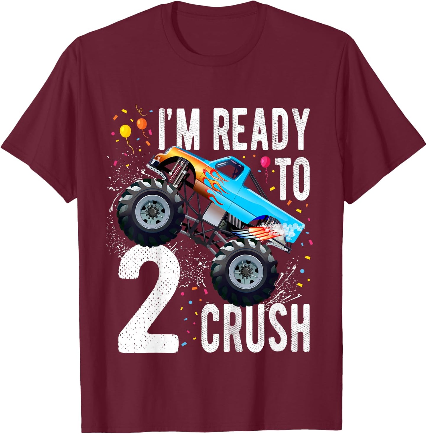 Kids 2nd Birthday Boy Monster Truck 2 Year Old Matching Family T-Shirt - T-Shirt | Maroon