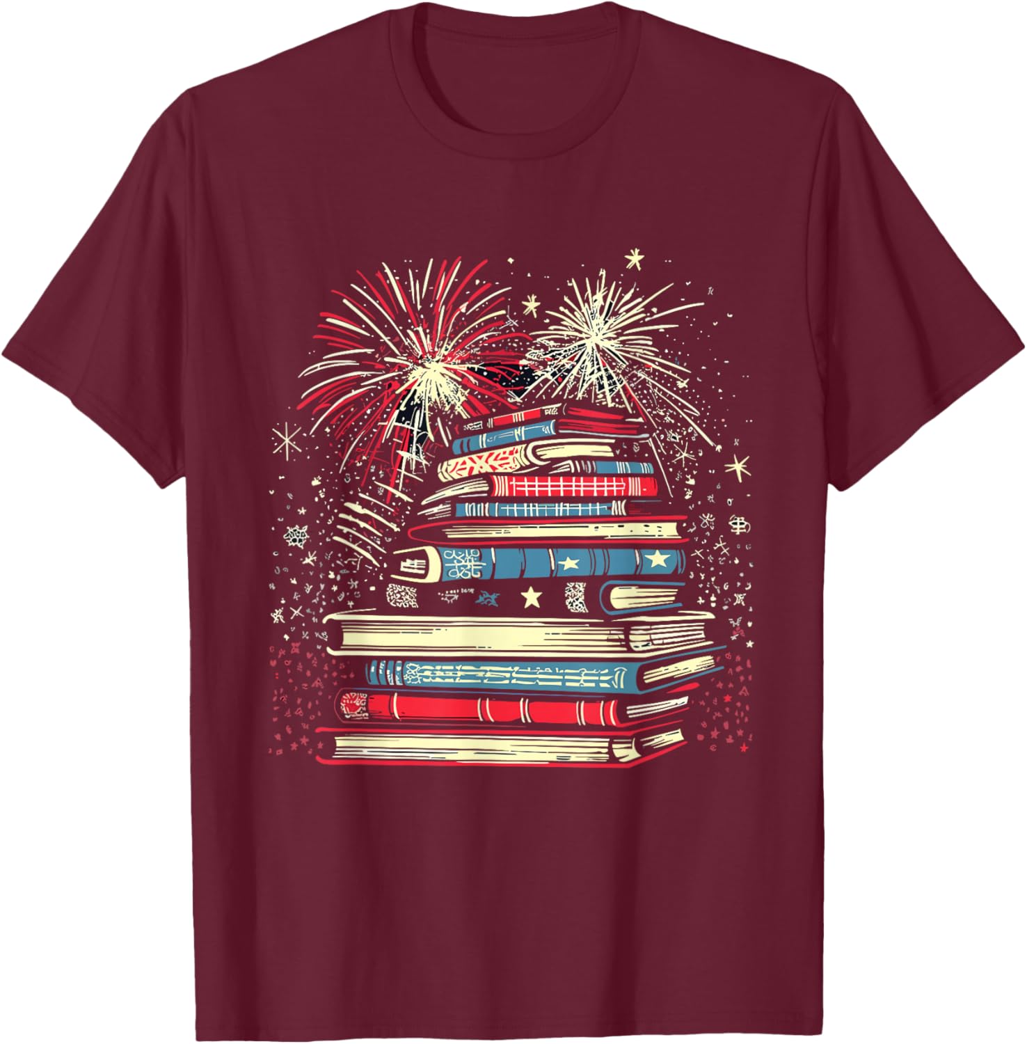 Books Fireworks 4th Of July Bookworm Patriotic Reader T-Shirt - T-Shirt | Maroon