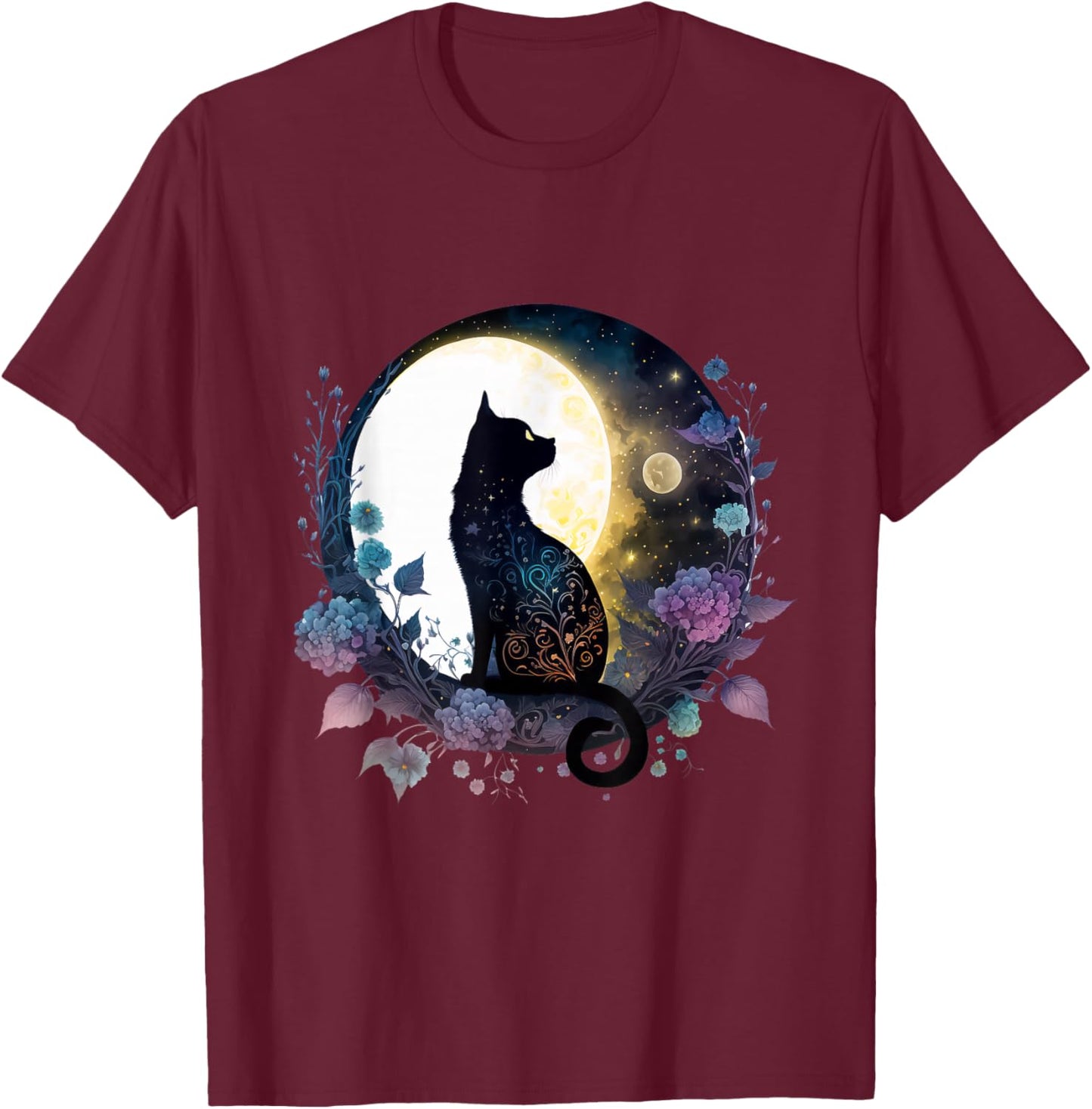Moonlit Black Cat – Lunar Floral Night Cat T-Shirt - T-Shirt | Maroon
