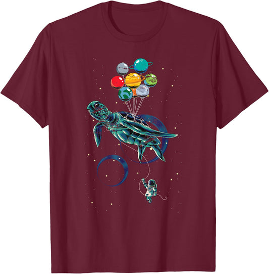 Science Turtle Space Travel Animal Balloon Planets Astronaut T-Shirt - T-Shirt | Maroon