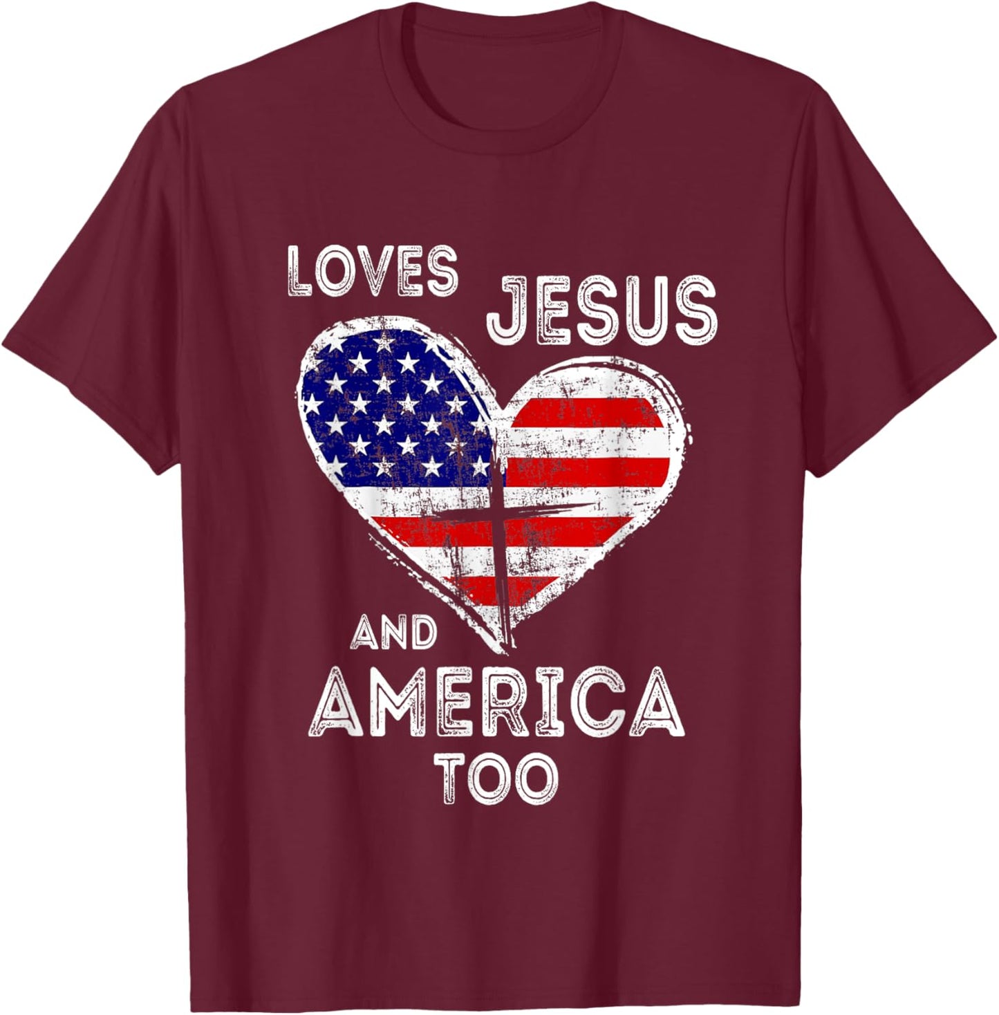Retro Loves Jesus and America Too God Christian 4th of July T-Shirt - T-Shirt | Maroon