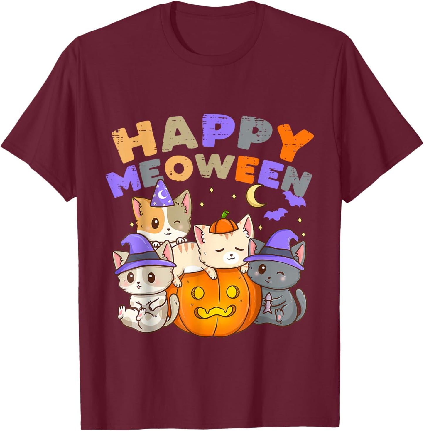 Happy Meoween Witch Cute Cats Halloween Pet Kitten Cat T-Shirt - T-Shirt | Maroon