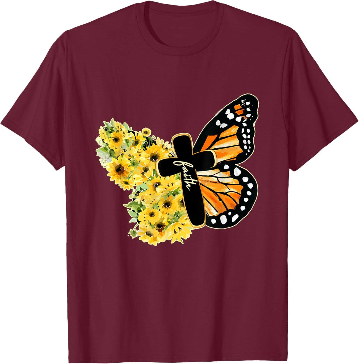 Faith Cross Sunflower Butterfly Christian Vintage T-Shirt - T-Shirt | Maroon