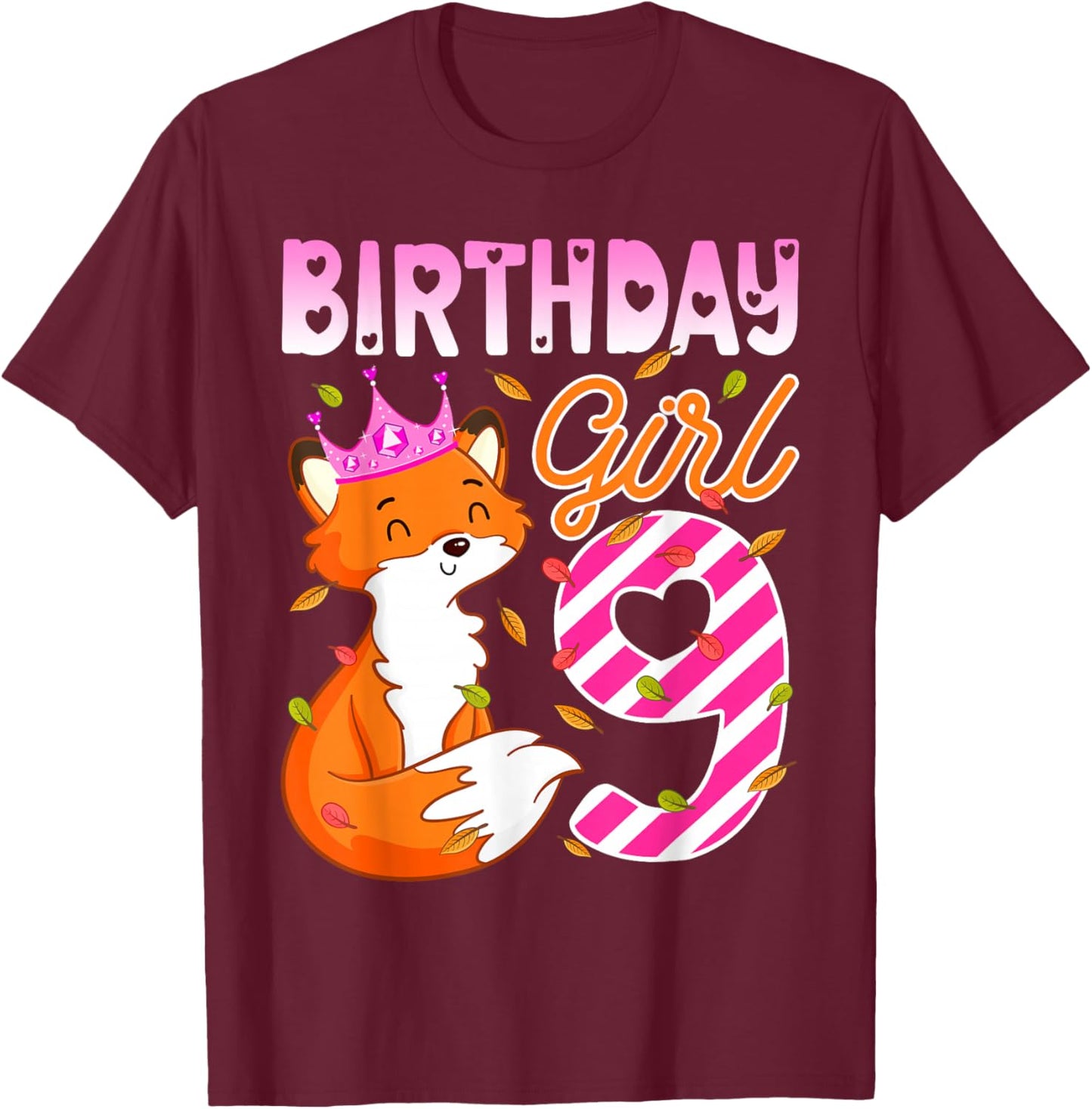 Fox Animal Lovers 9th Birthday Girl Fox B-day 9 year old T-Shirt - T-Shirt | Maroon