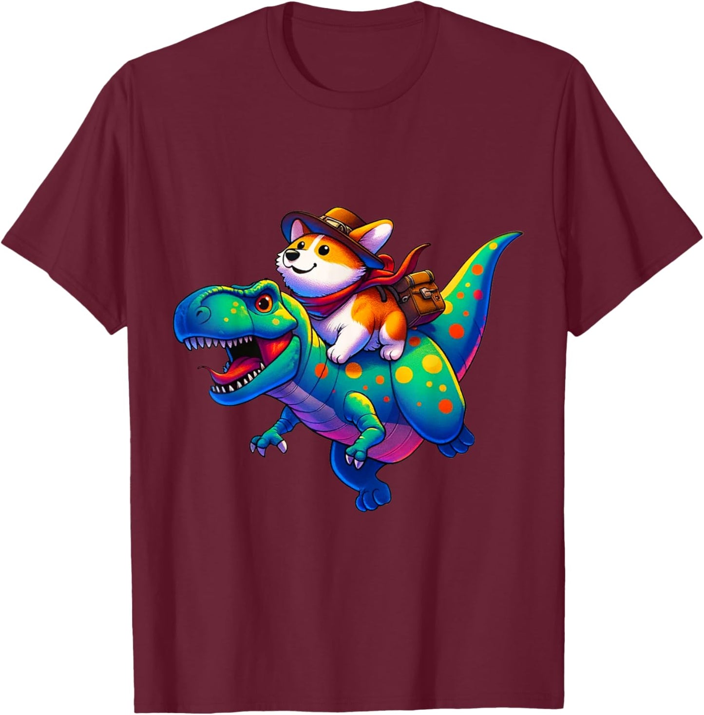 Corgi Riding Dinosaur T rex Boys Girls T-Shirt - T-Shirt | Maroon