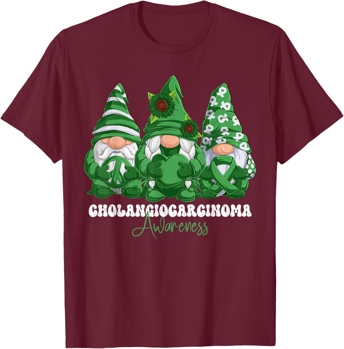 Cholangiocarcinoma Awareness Month Green Ribbon Gnomies T-Shirt - T-Shirt | Maroon
