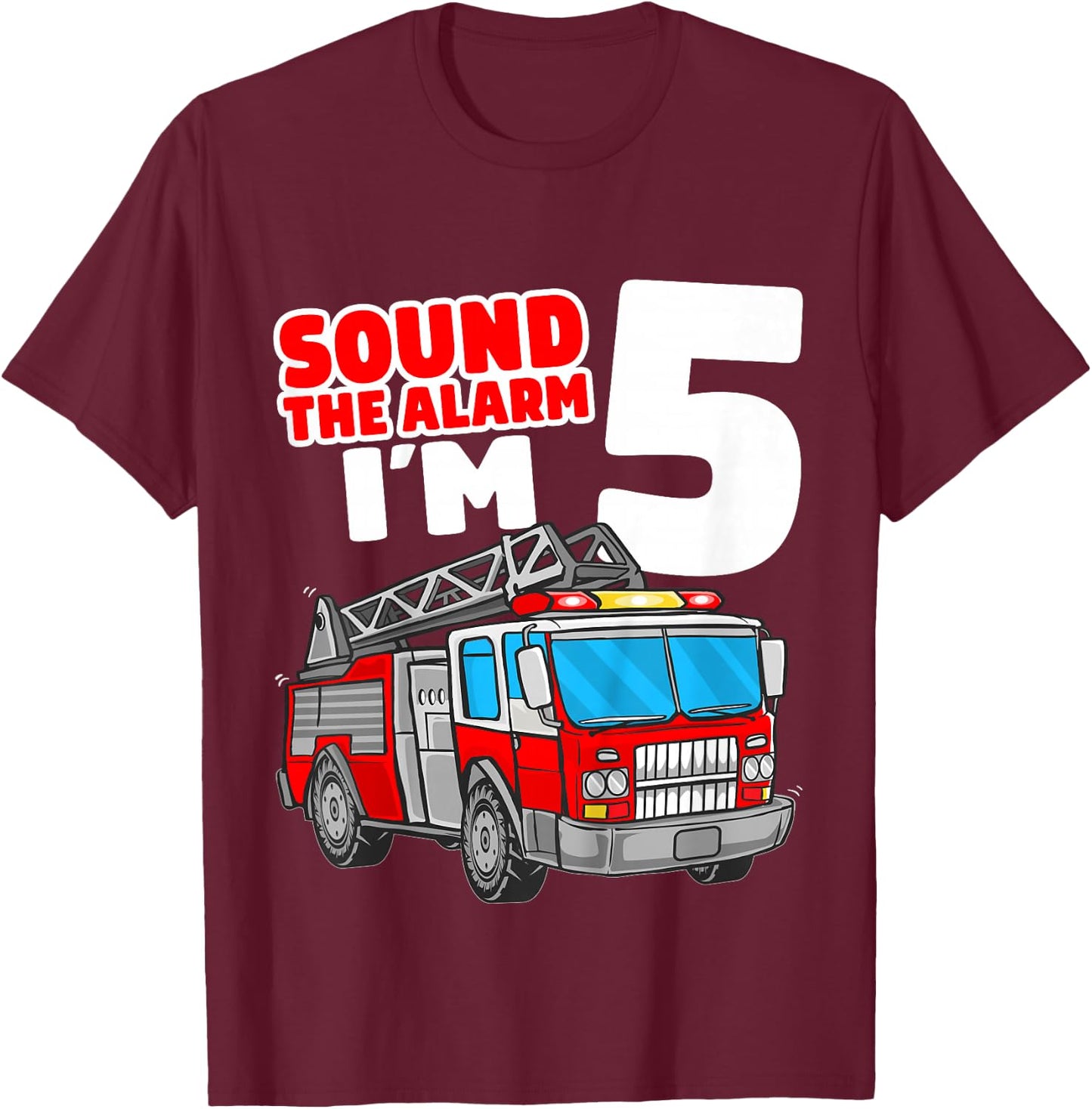 Kids Fire Truck 5 Year Old Firefighter Five 5th Birthday Boy T-Shirt - T-Shirt | Maroon