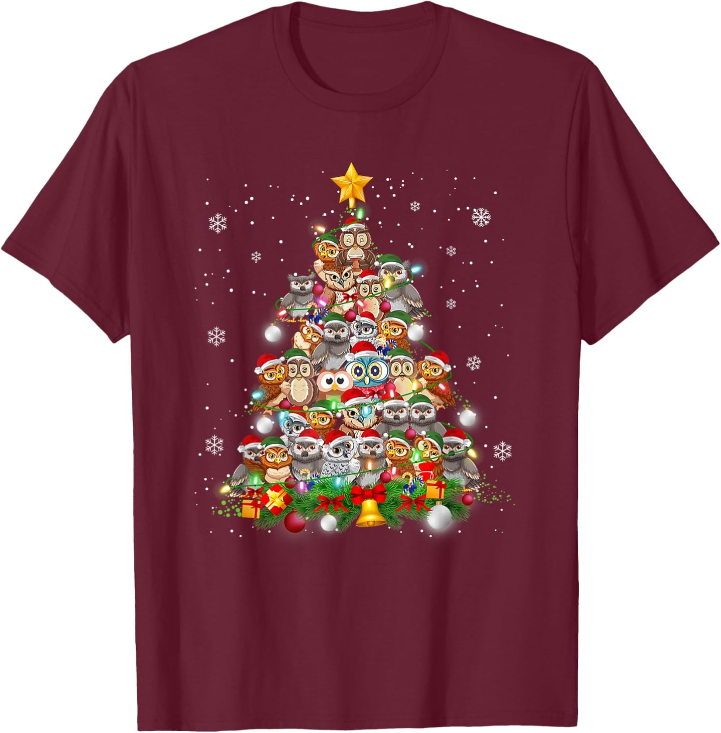 Funny Cute Cute Owls Christmas Tree Xmas Pajamas Gift T-Shirt - T-Shirt | Maroon