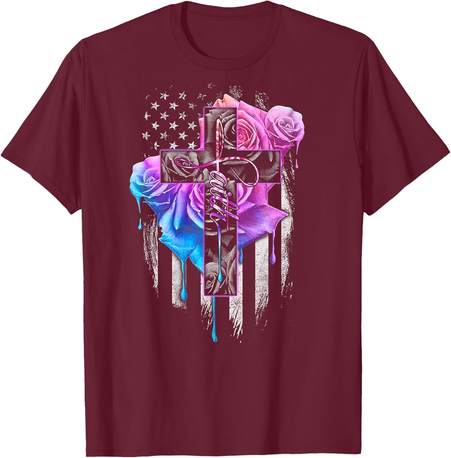 Faith Rose Watercolor Cross (on back) T-Shirt - T-Shirt | Maroon